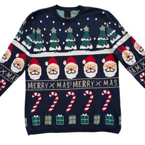 🎄 H&M Men's Ugly Christmas Sweater – Size XL – Santa, Candy Canes & Trees